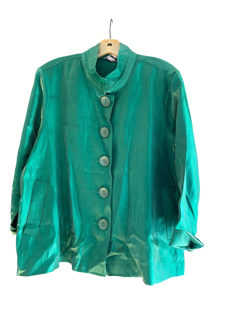 EUC Multiples green Shimmer Wire Collar Button Front Jacket Size PL